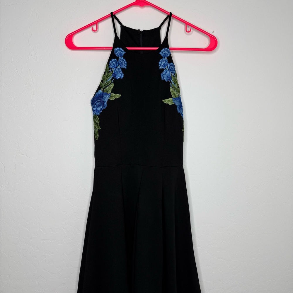 B Darlin Black Dress with Blue and Green Embroidery